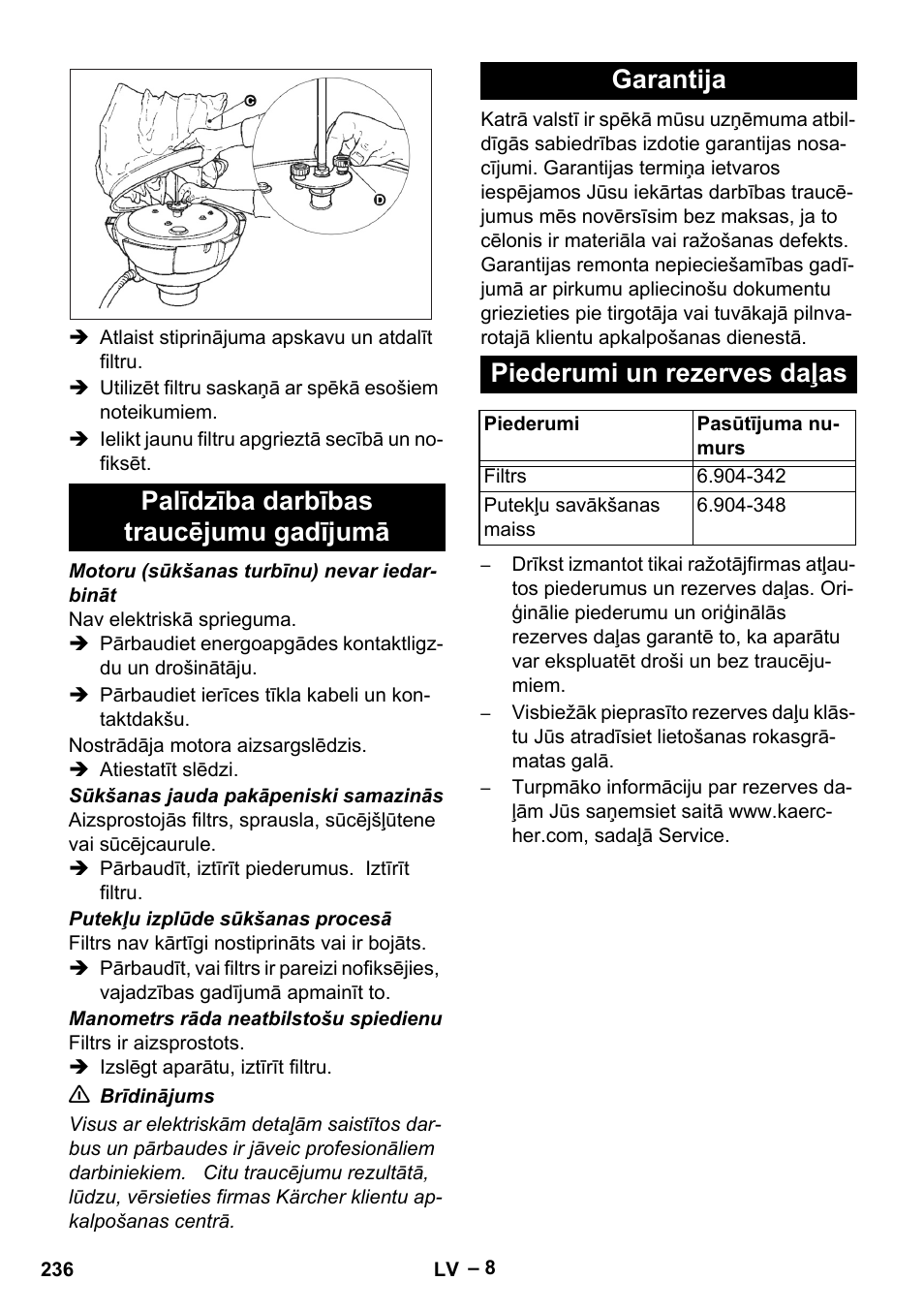 Palīdzība darbības traucējumu gadījumā, Garantija, Piederumi un rezerves daļas | Karcher IV 60-30 M B1 User Manual | Page 236 / 260