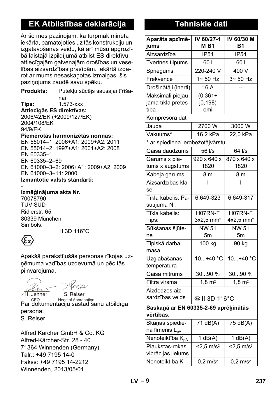 Ek atbilstības deklarācija, Tehniskie dati | Karcher IV 60-30 M B1 User Manual | Page 237 / 260