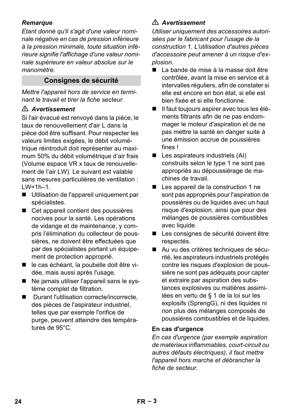 Consignes de sécurité, En cas d'urgence | Karcher IV 60-30 M B1 User Manual | Page 24 / 260