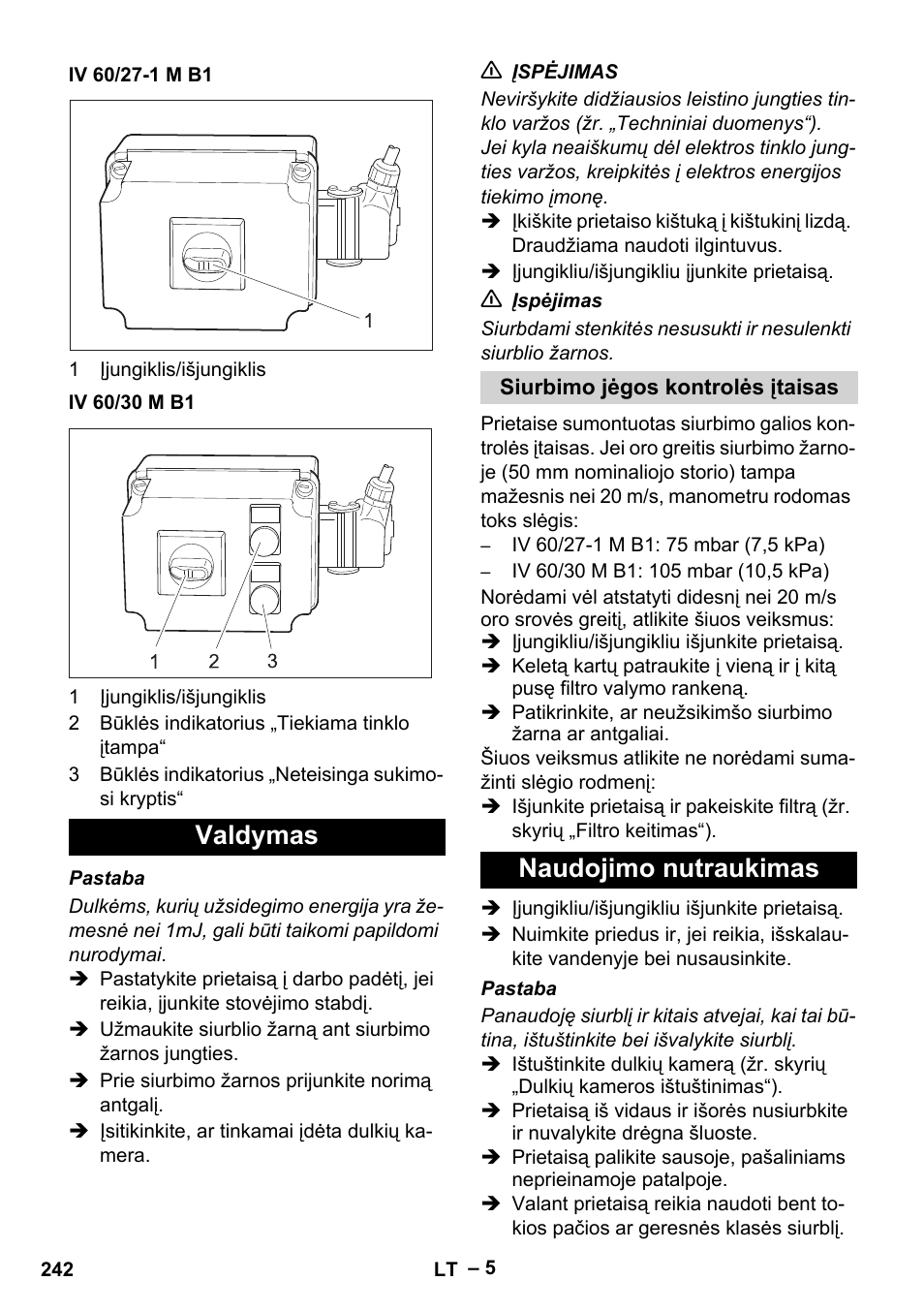 Iv 60/27-1 m b1, Iv 60/30 m b1, Valdymas | Siurbimo jėgos kontrolės įtaisas, Naudojimo nutraukimas | Karcher IV 60-30 M B1 User Manual | Page 242 / 260