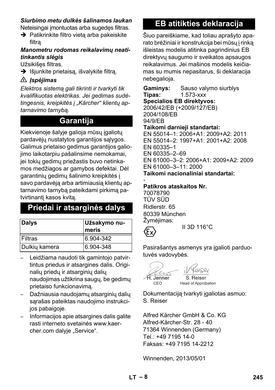 Garantija, Priedai ir atsarginės dalys, Eb atitikties deklaracija | Garantija priedai ir atsarginės dalys | Karcher IV 60-30 M B1 User Manual | Page 245 / 260