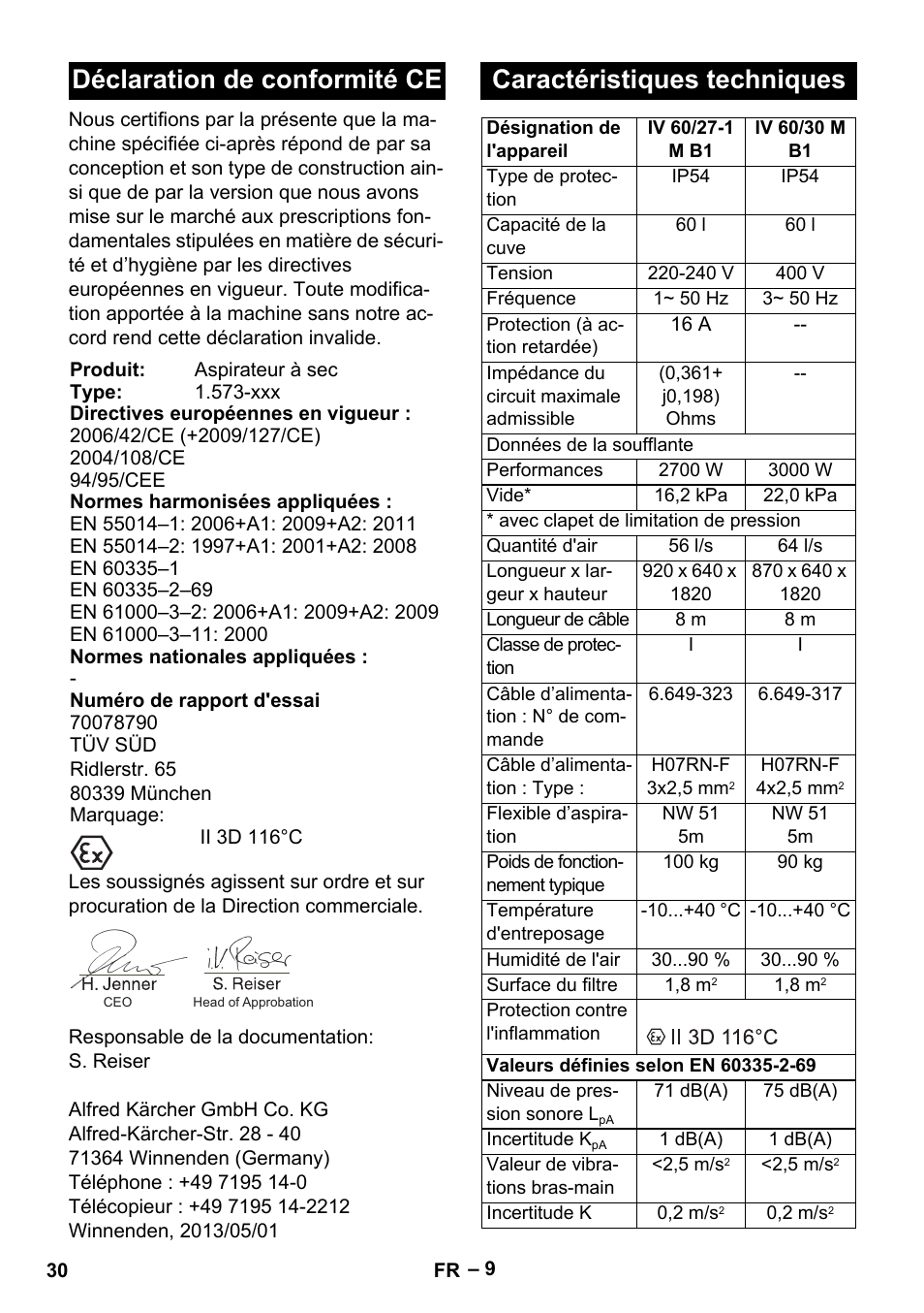 Déclaration de conformité ce, Caractéristiques techniques | Karcher IV 60-30 M B1 User Manual | Page 30 / 260