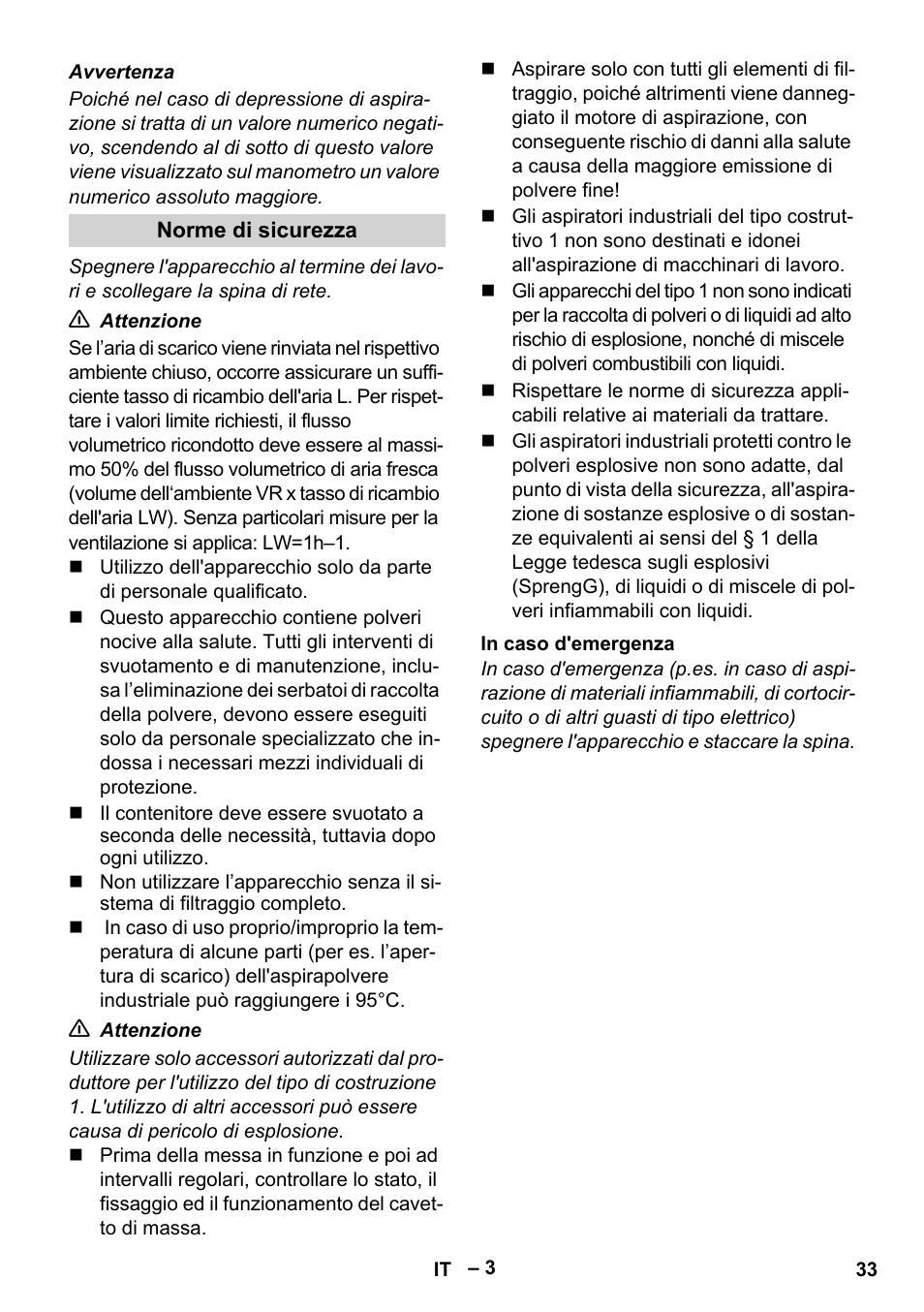 Norme di sicurezza, In caso d'emergenza | Karcher IV 60-30 M B1 User Manual | Page 33 / 260