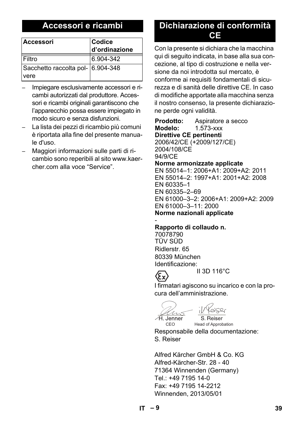 Accessori e ricambi, Dichiarazione di conformità ce | Karcher IV 60-30 M B1 User Manual | Page 39 / 260