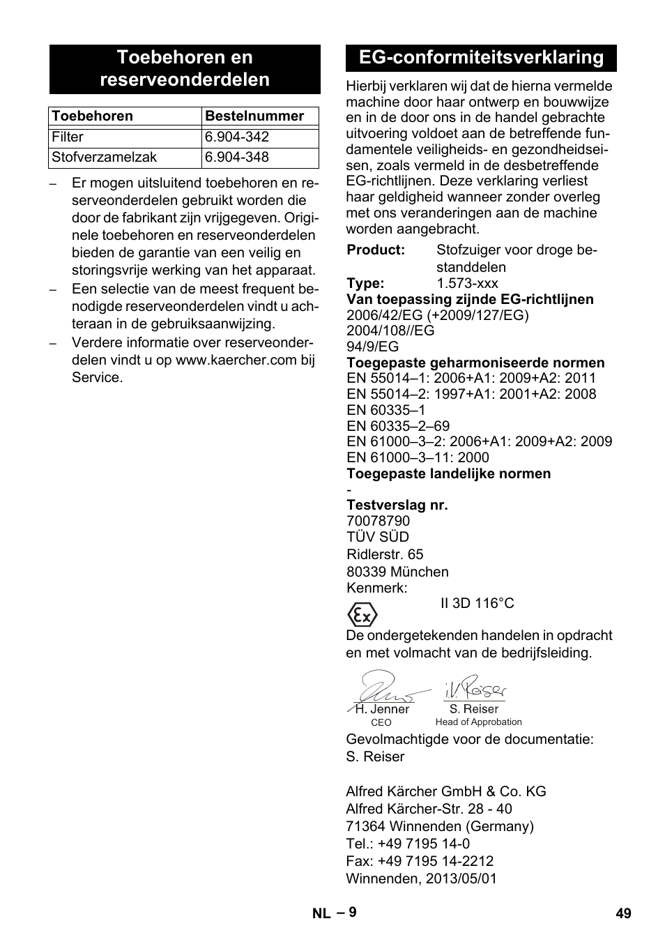 Toebehoren en reserveonderdelen, Eg-conformiteitsverklaring | Karcher IV 60-30 M B1 User Manual | Page 49 / 260
