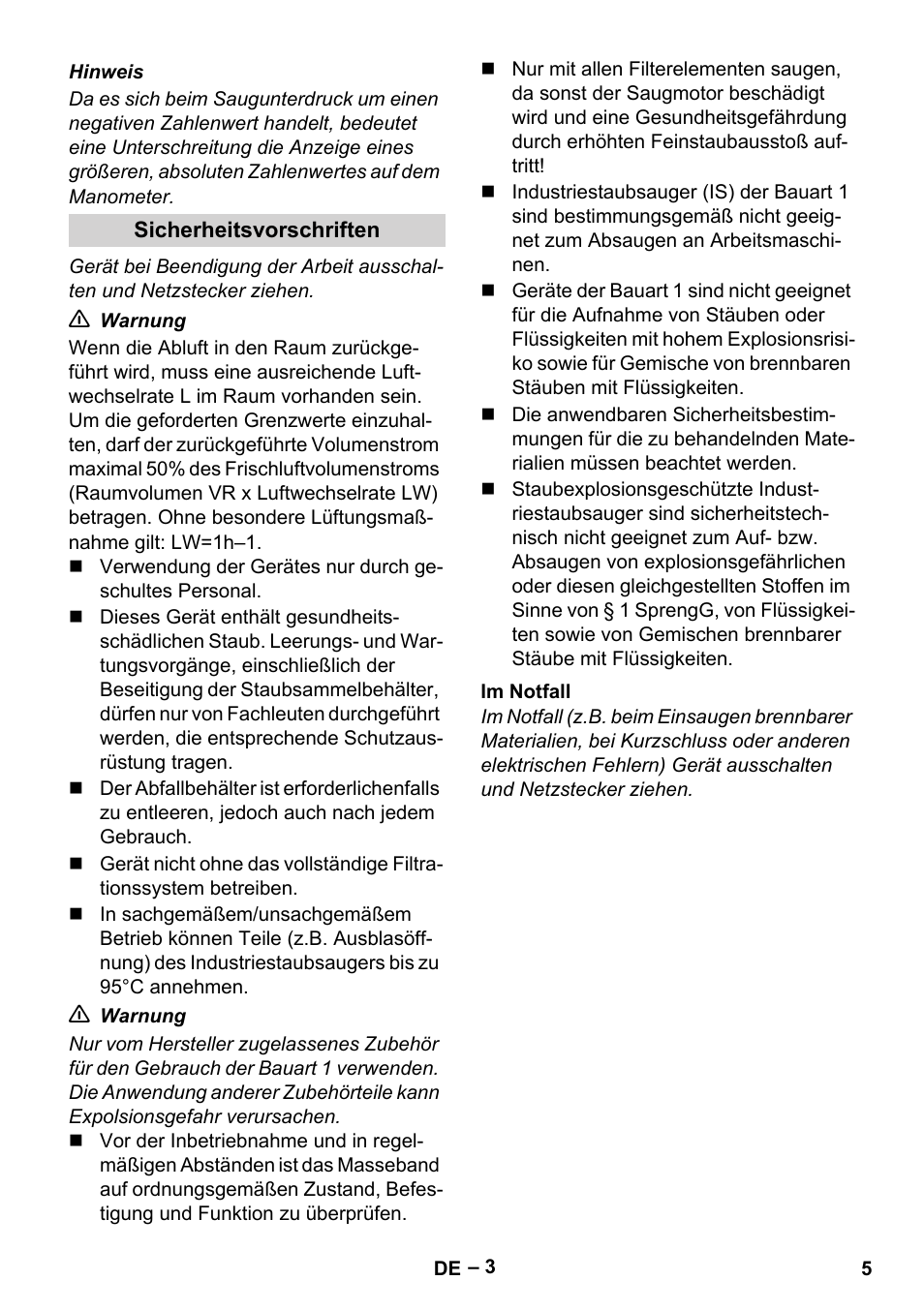 Sicherheitsvorschriften, Im notfall | Karcher IV 60-30 M B1 User Manual | Page 5 / 260