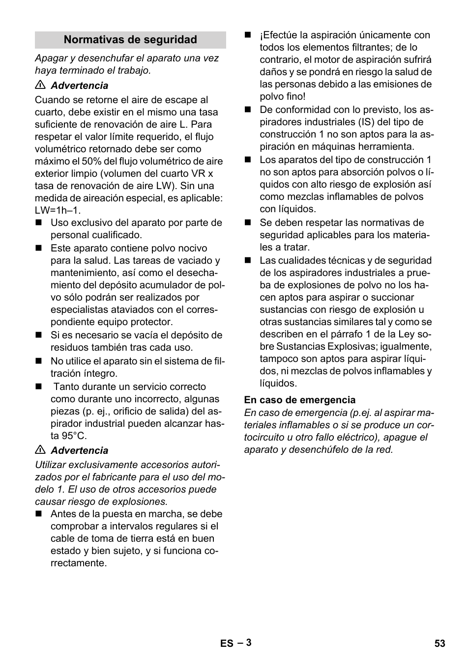 Normativas de seguridad, En caso de emergencia | Karcher IV 60-30 M B1 User Manual | Page 53 / 260