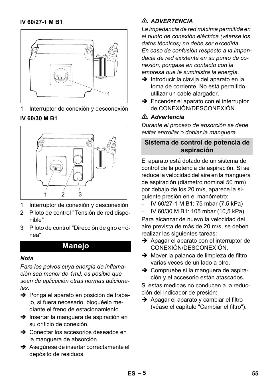 Iv 60/27-1 m b1, Iv 60/30 m b1, Manejo | Sistema de control de potencia de aspiración | Karcher IV 60-30 M B1 User Manual | Page 55 / 260