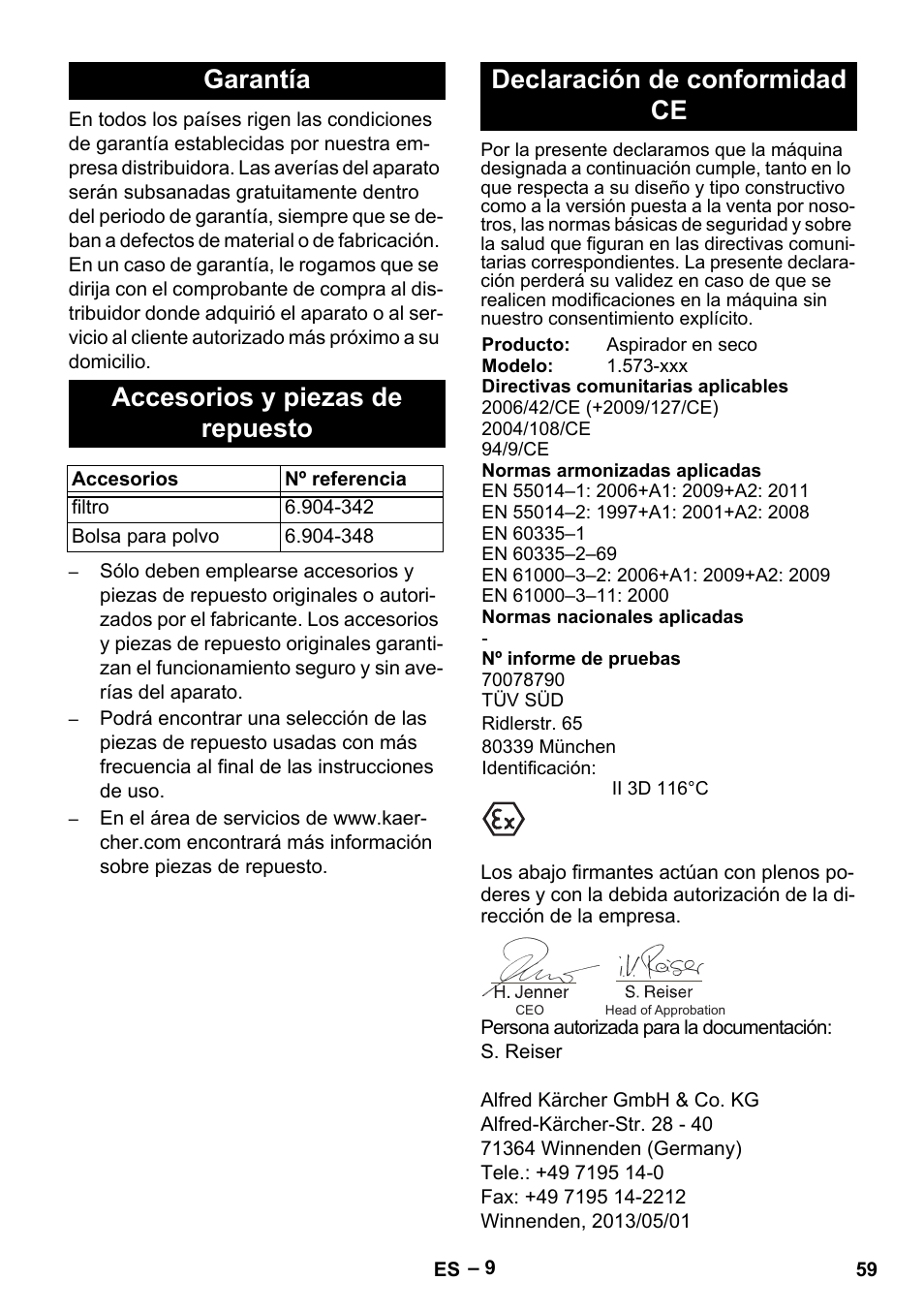 Garantía, Accesorios y piezas de repuesto, Declaración de conformidad ce | Garantía accesorios y piezas de repuesto | Karcher IV 60-30 M B1 User Manual | Page 59 / 260