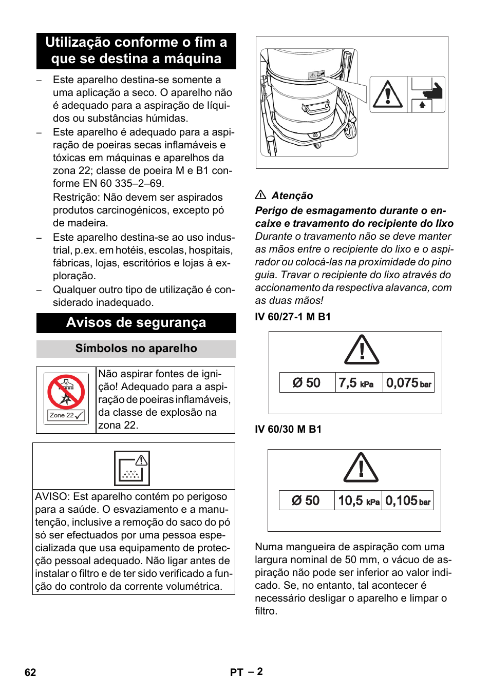 Avisos de segurança, Símbolos no aparelho, Iv 60/27-1 m b1 | Iv 60/30 m b1 | Karcher IV 60-30 M B1 User Manual | Page 62 / 260