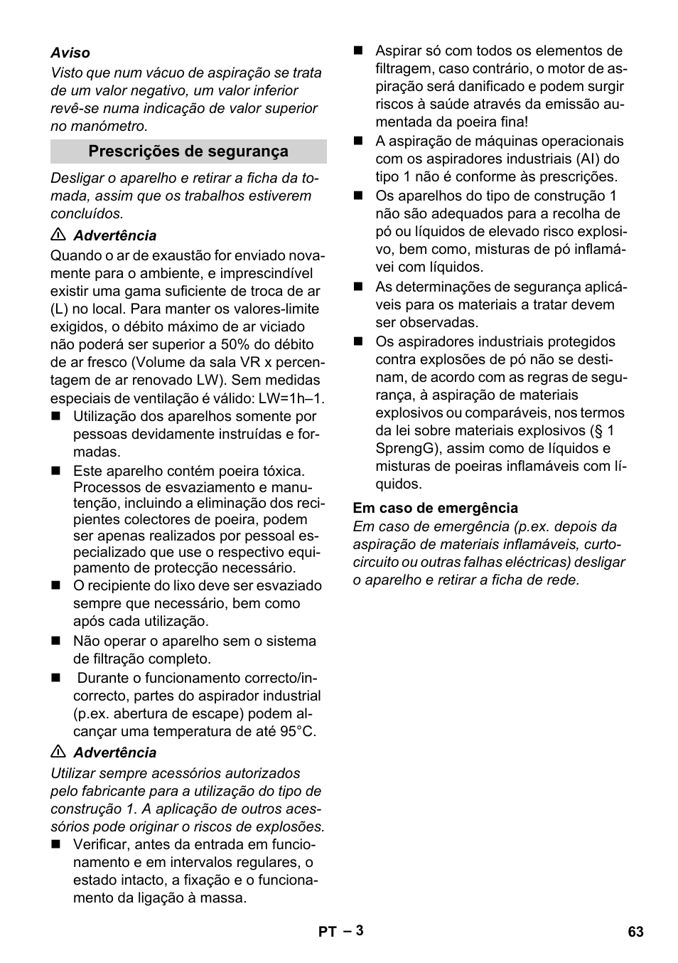 Prescrições de segurança, Em caso de emergência | Karcher IV 60-30 M B1 User Manual | Page 63 / 260