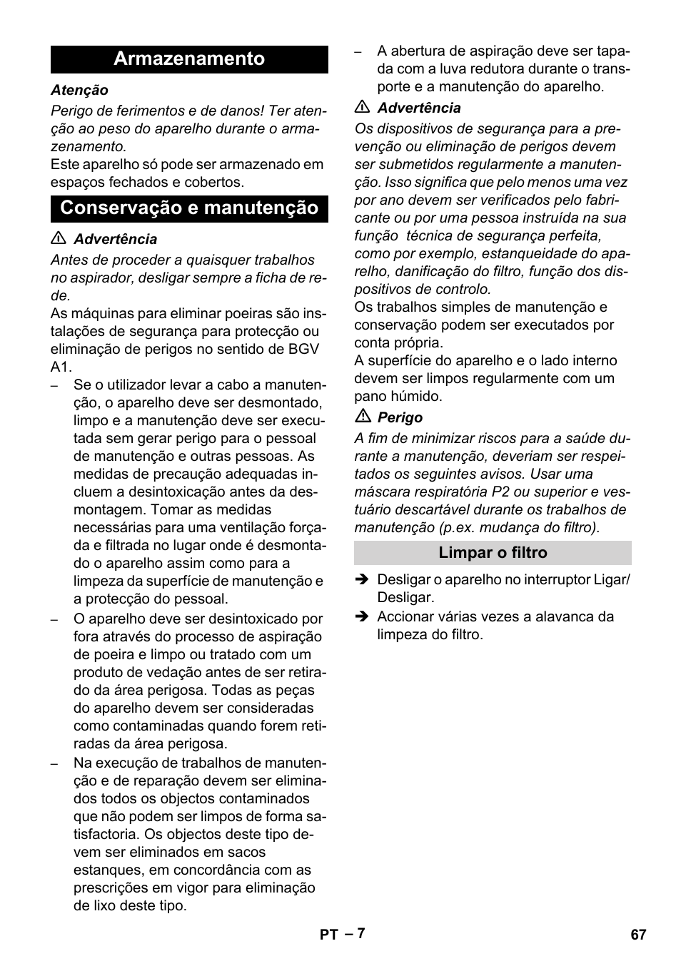 Armazenamento, Conservação e manutenção, Limpar o filtro | Armazenamento conservação e manutenção | Karcher IV 60-30 M B1 User Manual | Page 67 / 260