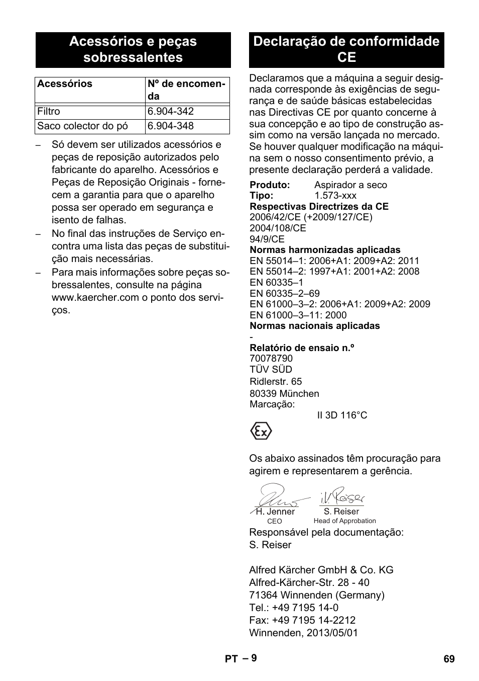 Acessórios e peças sobressalentes, Declaração de conformidade ce | Karcher IV 60-30 M B1 User Manual | Page 69 / 260