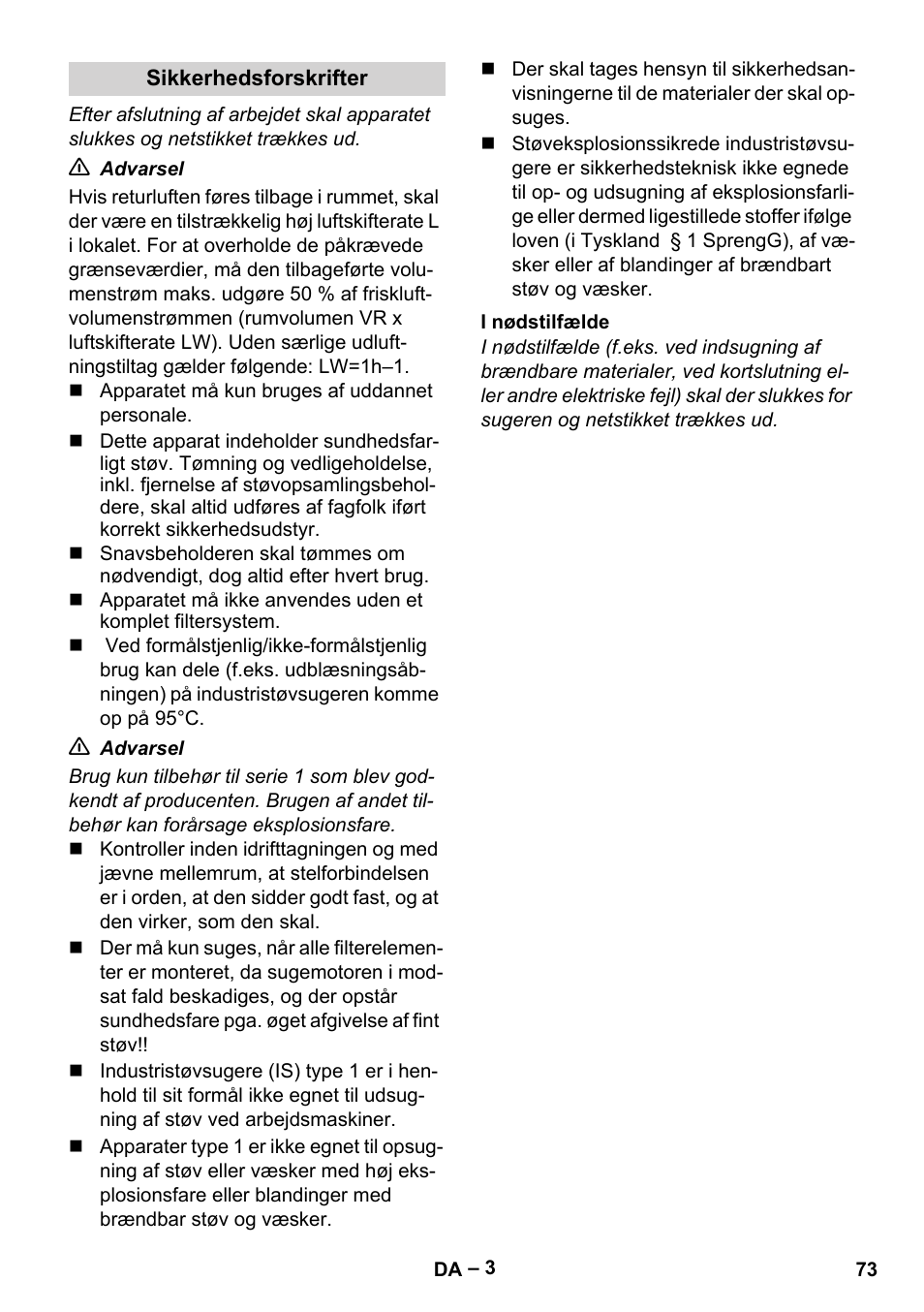 Sikkerhedsforskrifter, I nødstilfælde | Karcher IV 60-30 M B1 User Manual | Page 73 / 260