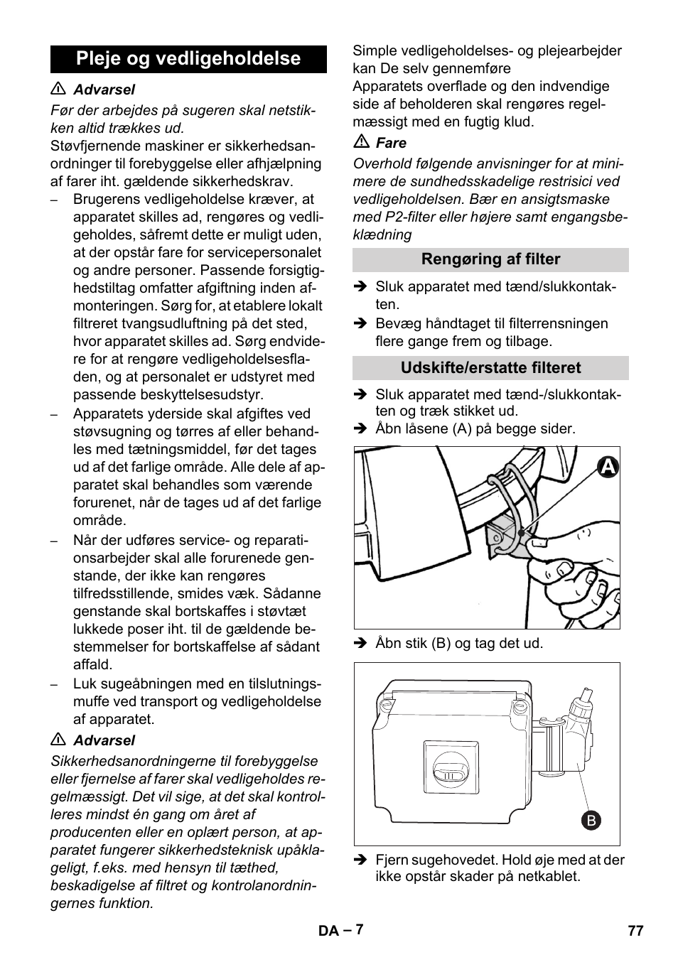 Pleje og vedligeholdelse, Rengøring af filter, Udskifte/erstatte filteret | Karcher IV 60-30 M B1 User Manual | Page 77 / 260