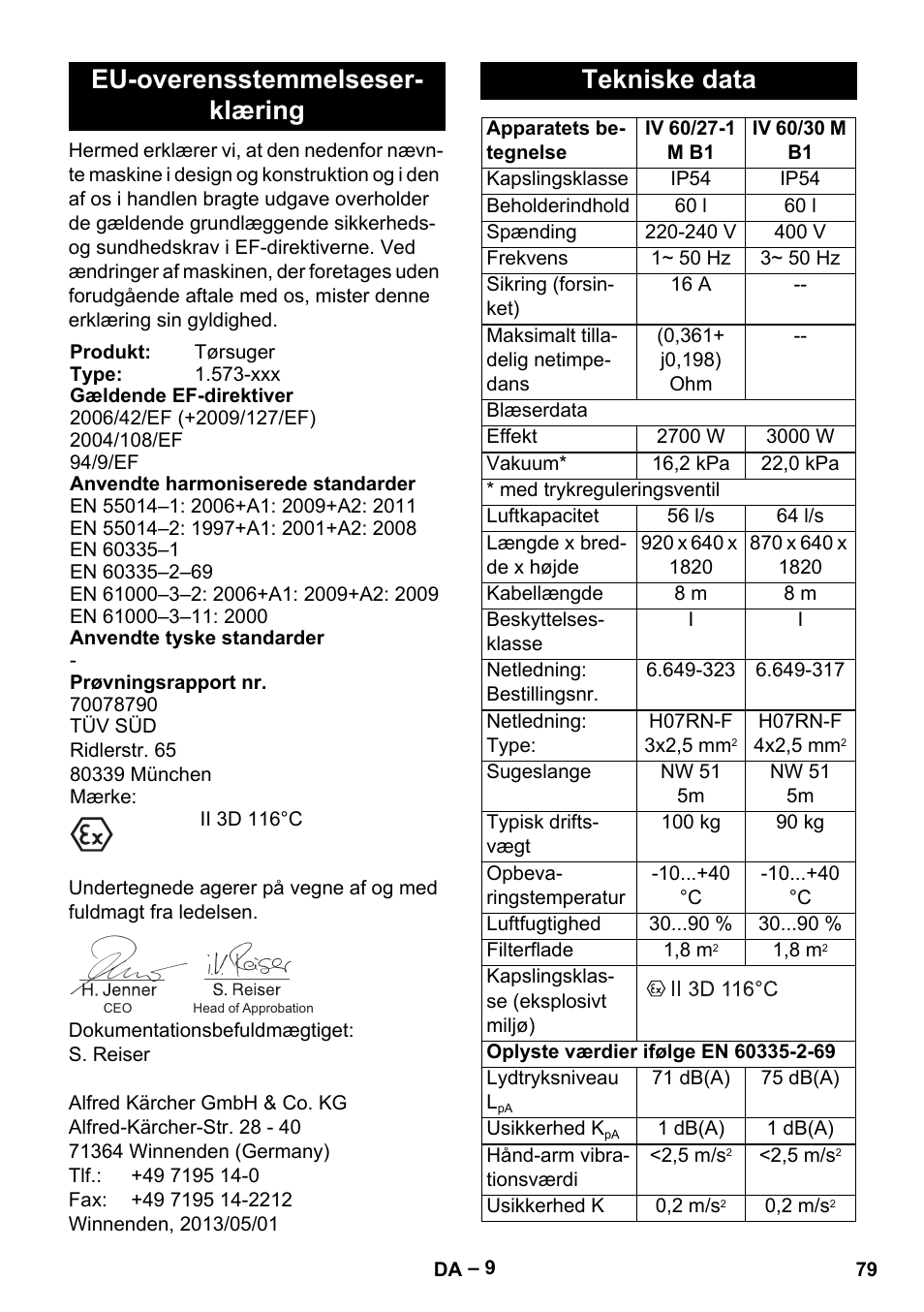 Eu-overensstemmelseserklæring, Tekniske data, Eu-overensstemmelseser- klæring | Karcher IV 60-30 M B1 User Manual | Page 79 / 260