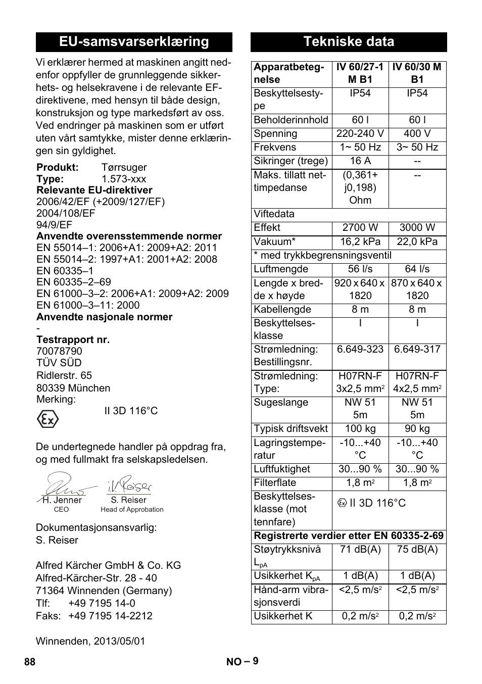 Eu-samsvarserklæring, Tekniske data | Karcher IV 60-30 M B1 User Manual | Page 88 / 260