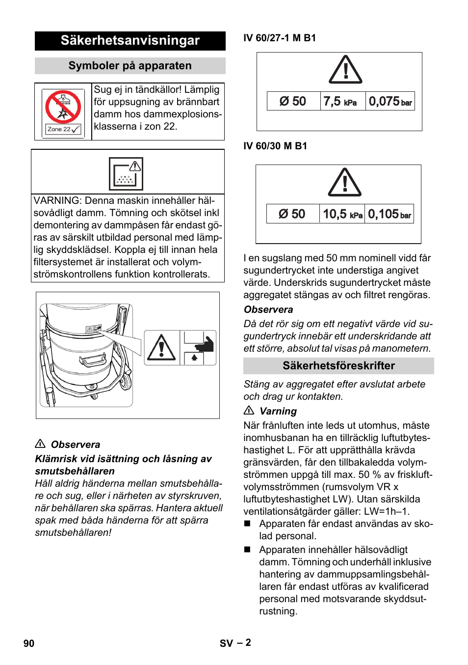 Säkerhetsanvisningar, Symboler på apparaten, Iv 60/27-1 m b1 | Iv 60/30 m b1, Säkerhetsföreskrifter | Karcher IV 60-30 M B1 User Manual | Page 90 / 260
