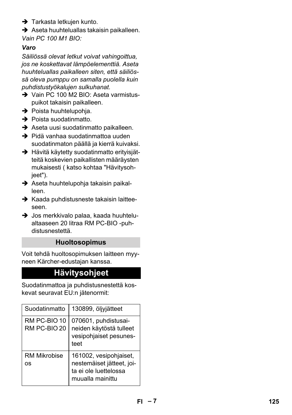 Hävitysohjeet | Karcher PC 100 M2 BIO User Manual | Page 125 / 232