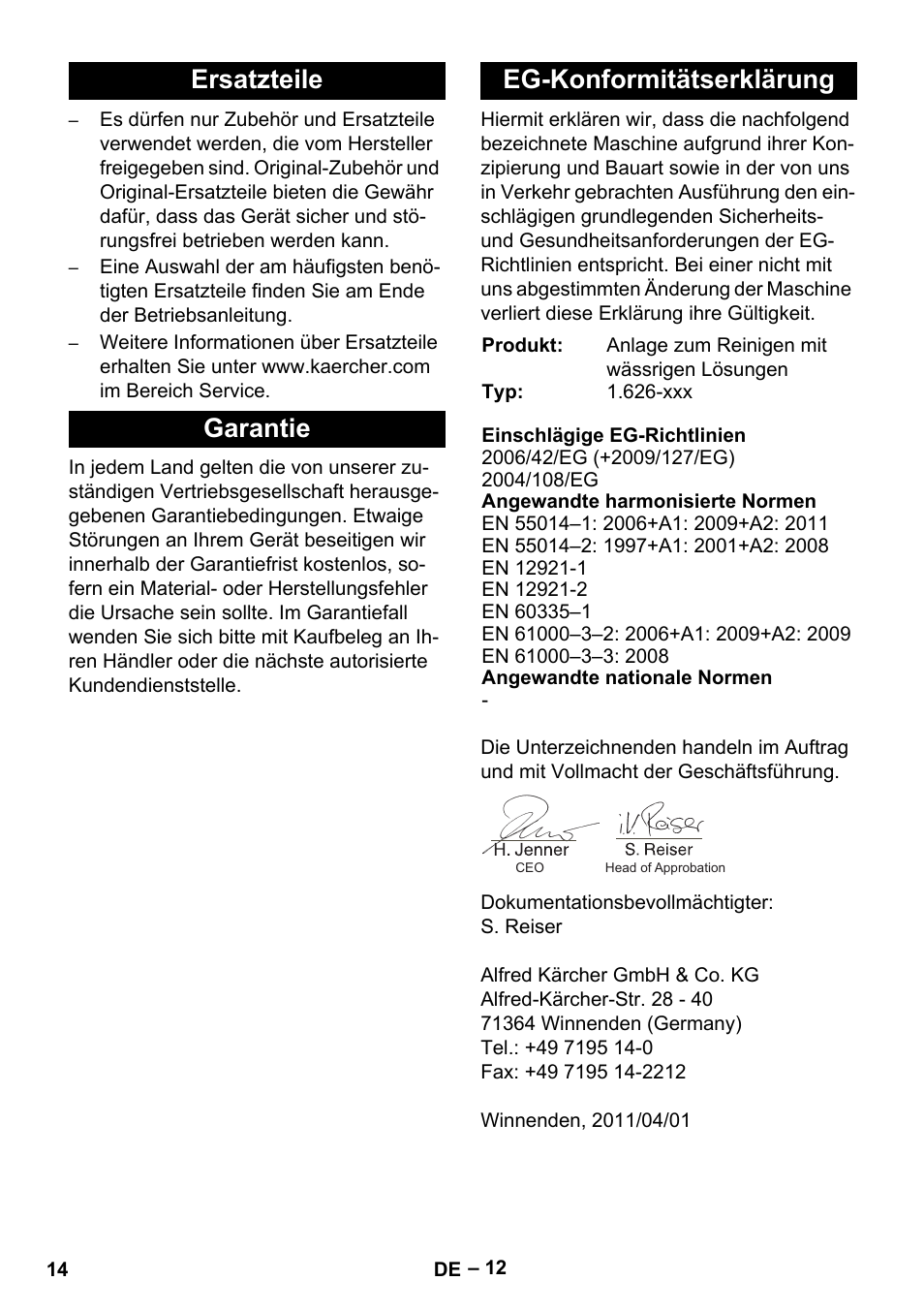 Ersatzteile garantie eg-konformitätserklärung | Karcher PC 100 M2 BIO User Manual | Page 14 / 232