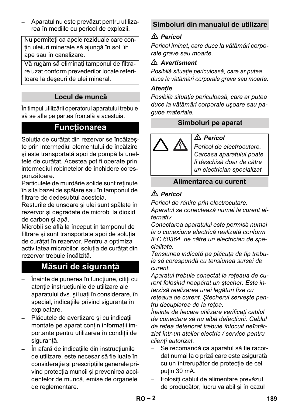 Funcţionarea măsuri de siguranţă | Karcher PC 100 M2 BIO User Manual | Page 189 / 232