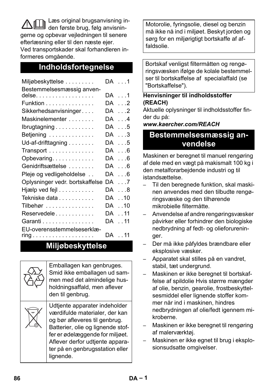 Dansk, Indholdsfortegnelse, Miljøbeskyttelse | Bestemmelsesmæssig an- vendelse | Karcher PC 100 M2 BIO User Manual | Page 86 / 232