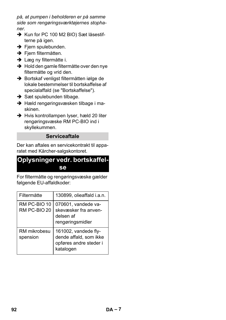 Oplysninger vedr. bortskaffel- se | Karcher PC 100 M2 BIO User Manual | Page 92 / 232