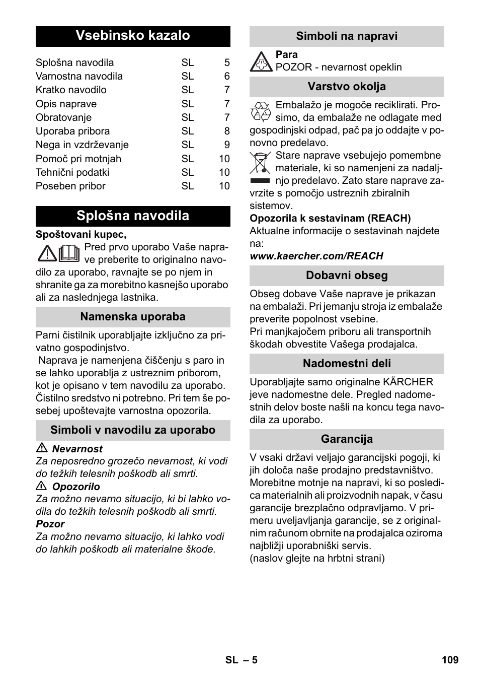 Slovenščina, Vsebinsko kazalo, Splošna navodila | Karcher SC 952 User Manual | Page 109 / 198
