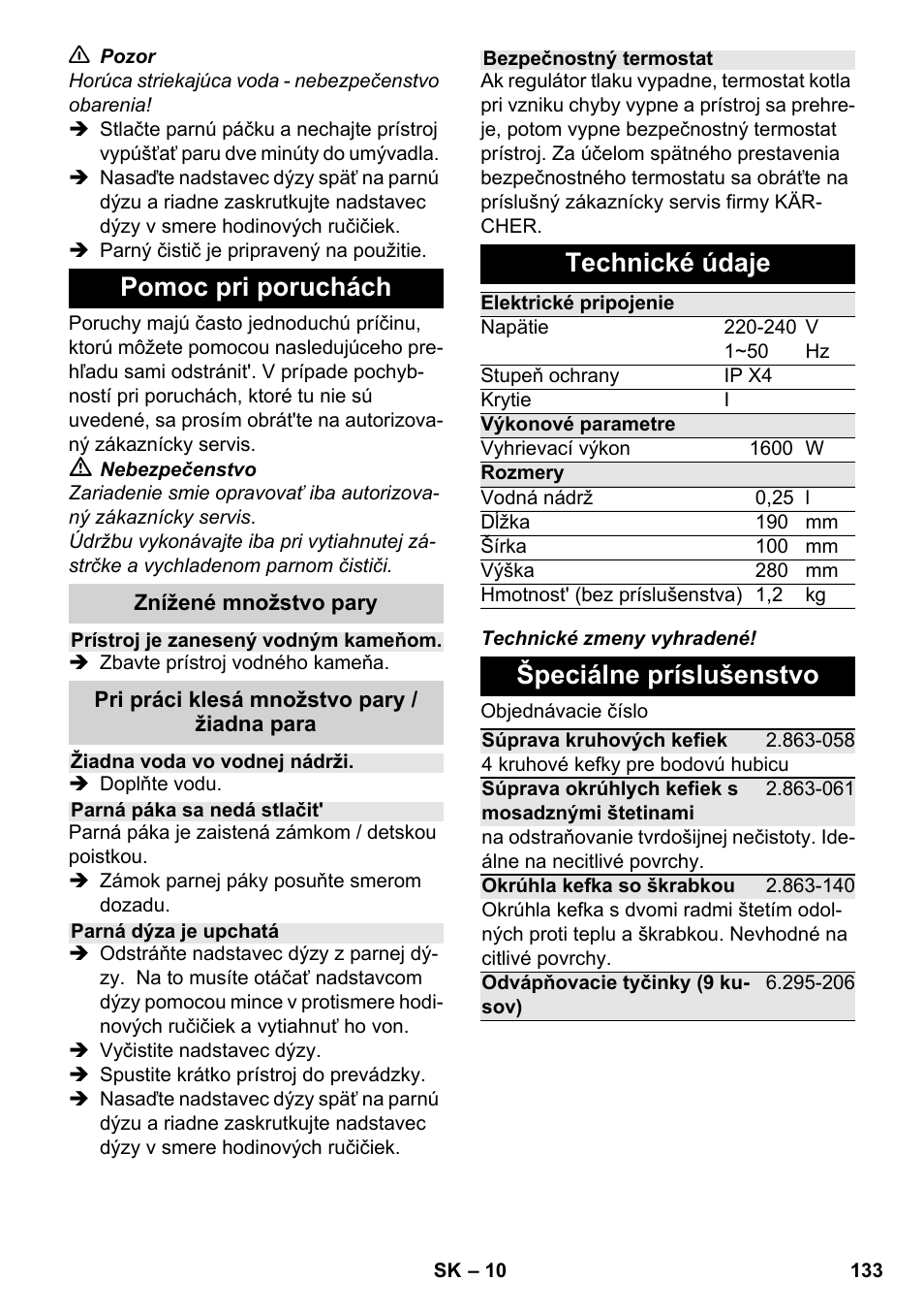 Pomoc pri poruchách, Technické údaje, Špeciálne príslušenstvo | Karcher SC 952 User Manual | Page 133 / 198