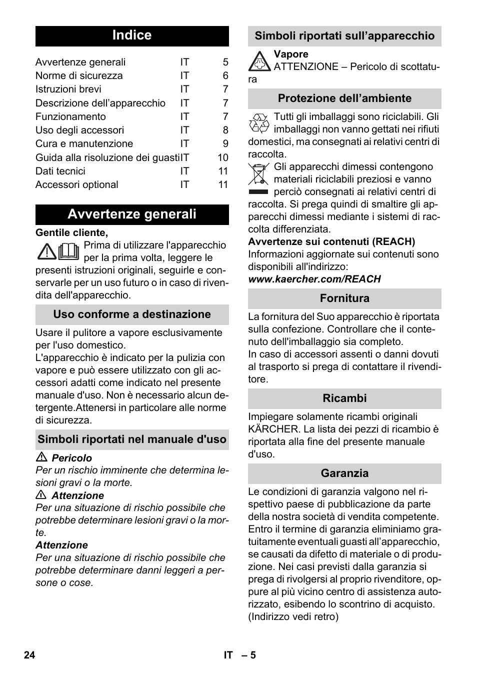 Italiano, Indice, Avvertenze generali | Karcher SC 952 User Manual | Page 24 / 198