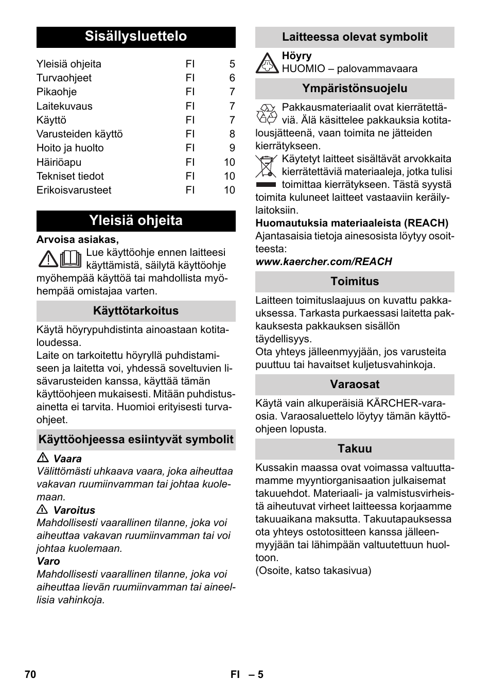 Suomi, Sisällysluettelo, Yleisiä ohjeita | Karcher SC 952 User Manual | Page 70 / 198