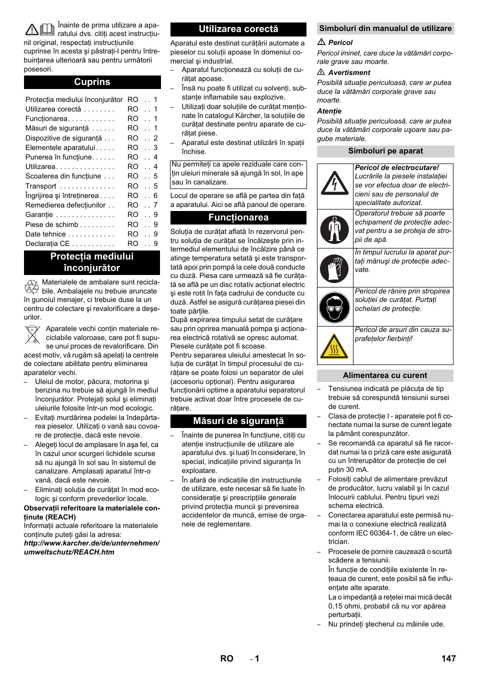 Româneşte, Românete, Cuprins | Protecţia mediului înconjurător utilizarea corectă, Funcţionarea măsuri de siguranţă | Karcher PC 60-130 T User Manual | Page 147 / 220