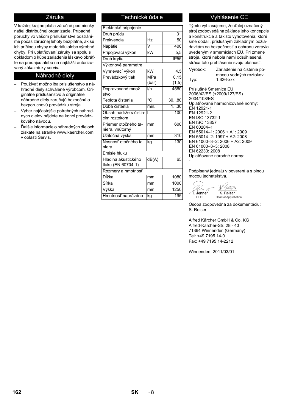 Záruka náhradné diely technické údaje, Vyhlásenie ce | Karcher PC 60-130 T User Manual | Page 162 / 220
