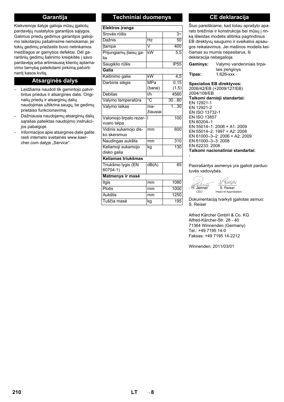 Garantija atsarginės dalys techniniai duomenys, Ce deklaracija | Karcher PC 60-130 T User Manual | Page 210 / 220