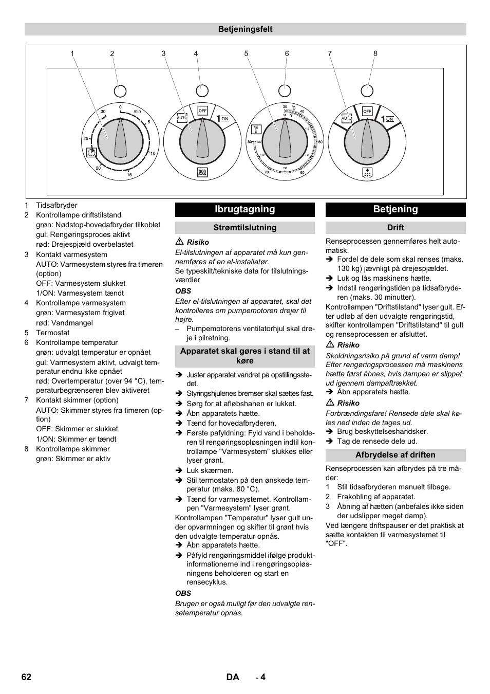 Ibrugtagning, Betjening | Karcher PC 60-130 T User Manual | Page 62 / 220