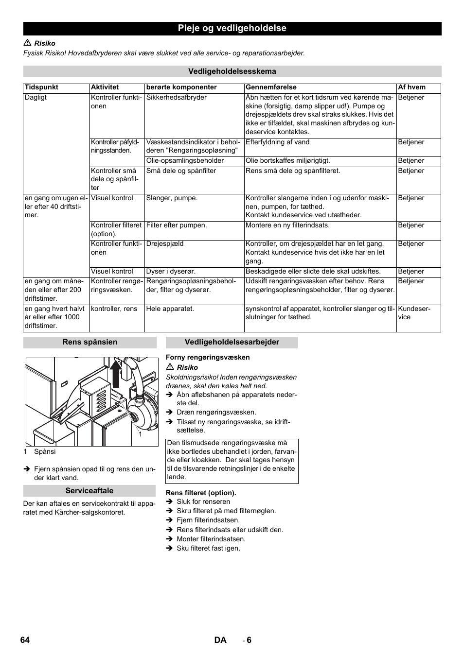 Pleje og vedligeholdelse | Karcher PC 60-130 T User Manual | Page 64 / 220