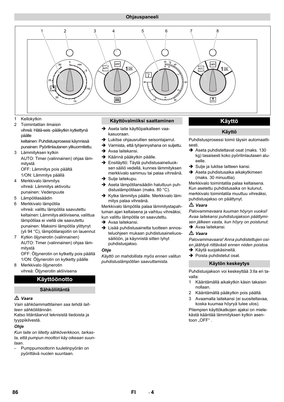 Käyttöönotto, Käyttö | Karcher PC 60-130 T User Manual | Page 86 / 220