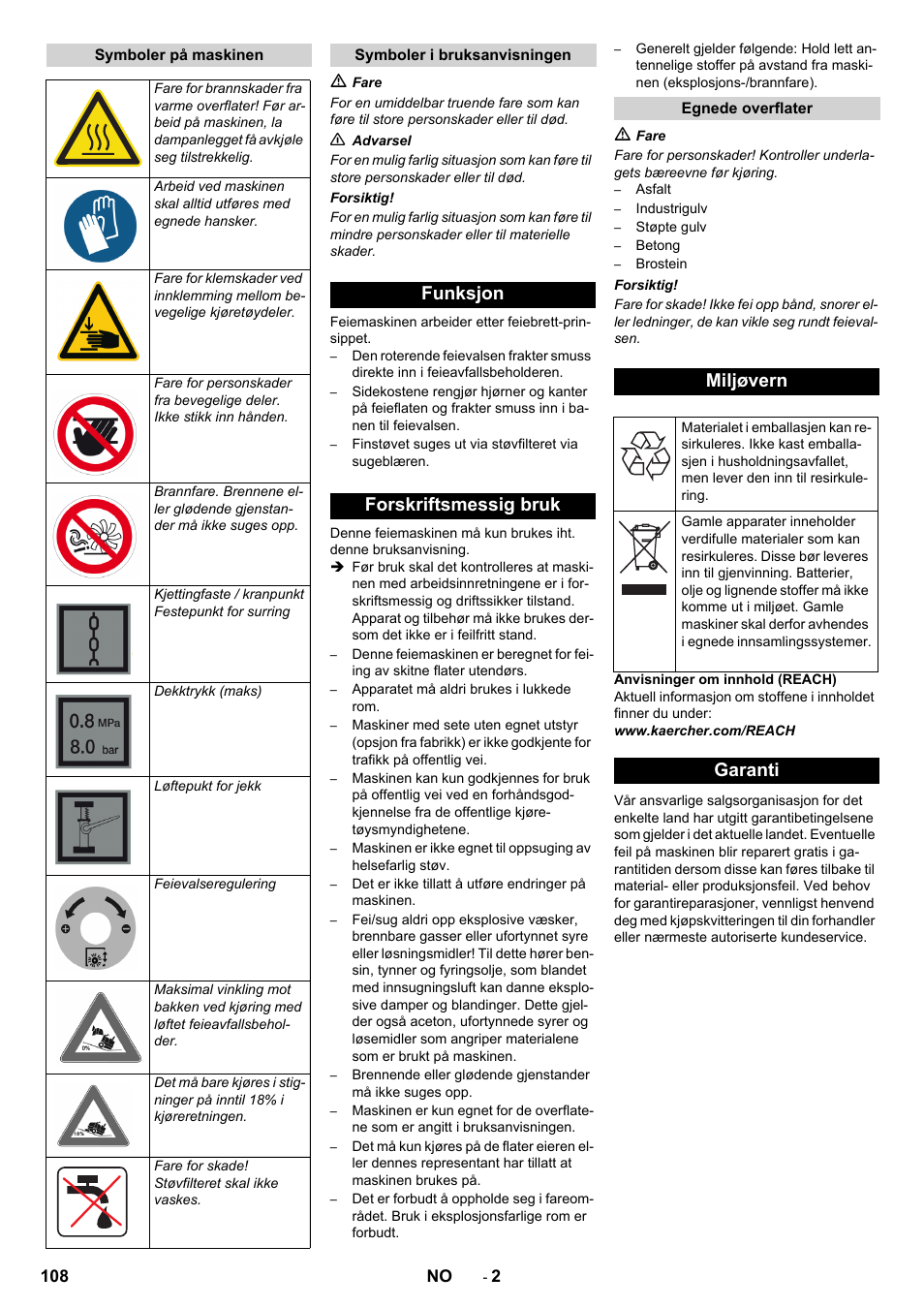 Funksjon forskriftsmessig bruk, Miljøvern, Garanti | Karcher KM 130-300 D User Manual | Page 108 / 392