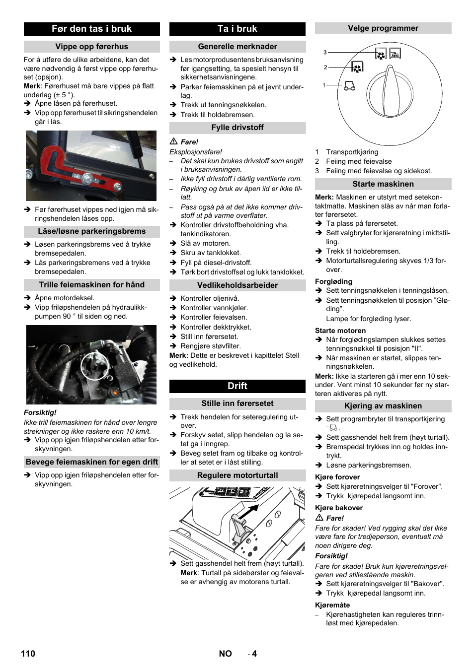 Før den tas i bruk, Ta i bruk, Drift | Karcher KM 130-300 D User Manual | Page 110 / 392