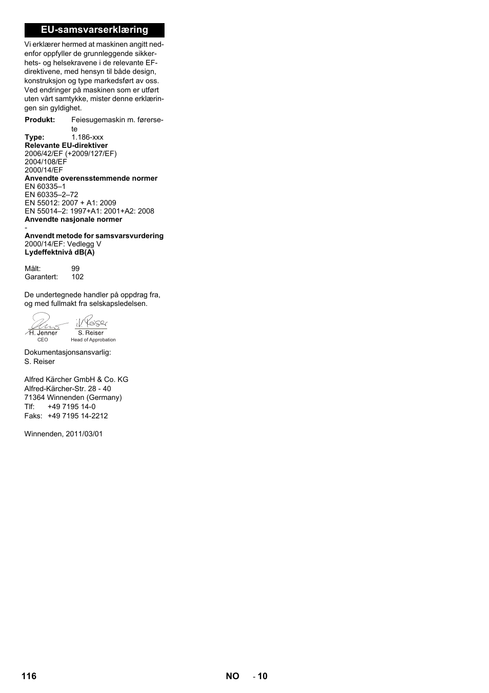 Eu-samsvarserklæring | Karcher KM 130-300 D User Manual | Page 116 / 392