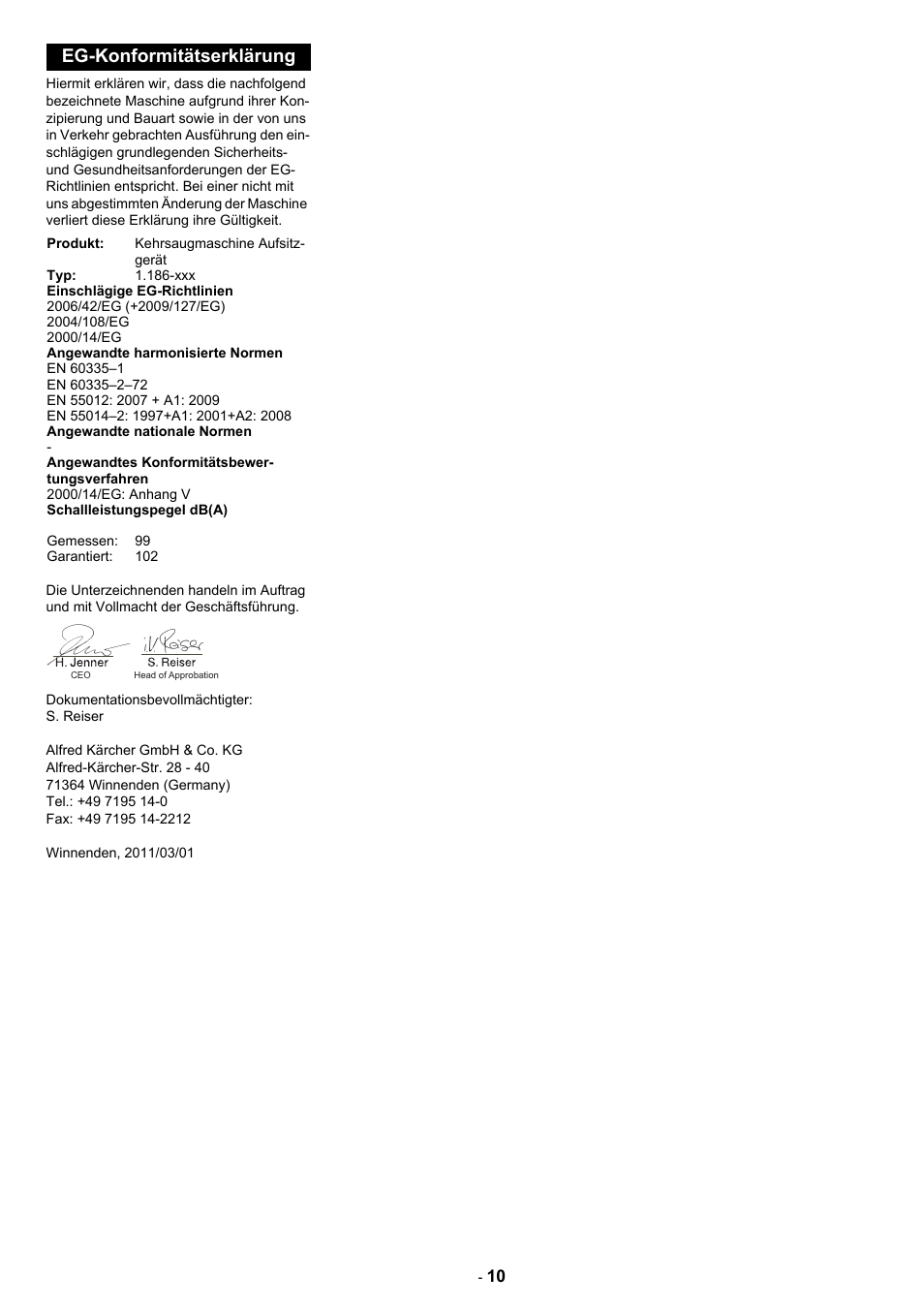 Eg-konformitätserklärung | Karcher KM 130-300 D User Manual | Page 12 / 392