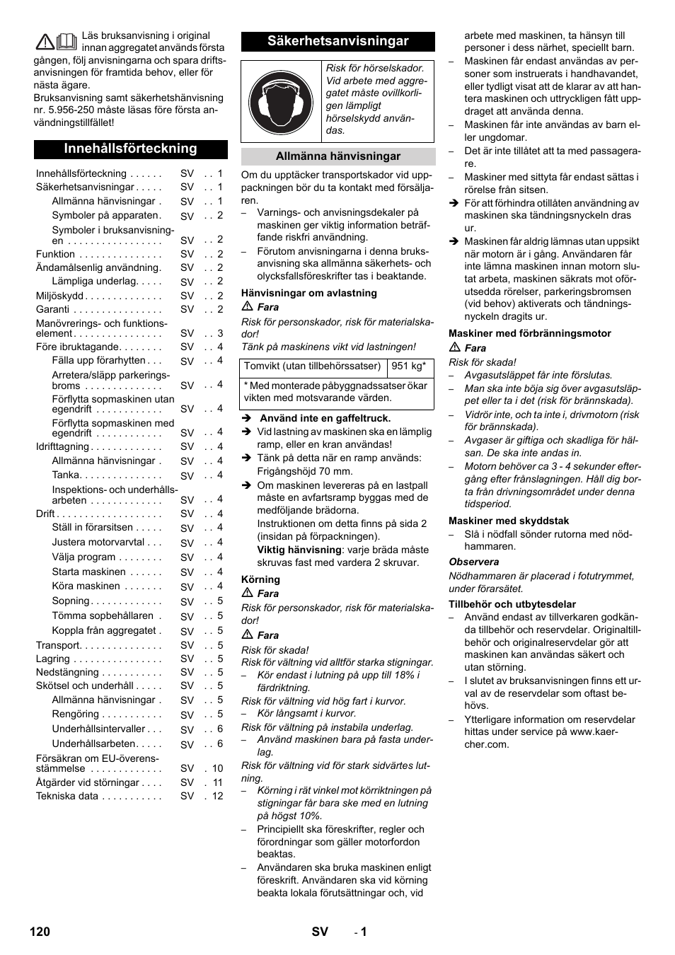 Sv svenska, Innehållsförteckning, Säkerhetsanvisningar | Karcher KM 130-300 D User Manual | Page 120 / 392