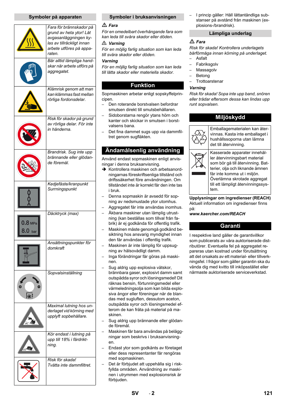 Funktion ändamålsenlig användning, Miljöskydd, Garanti | Karcher KM 130-300 D User Manual | Page 121 / 392