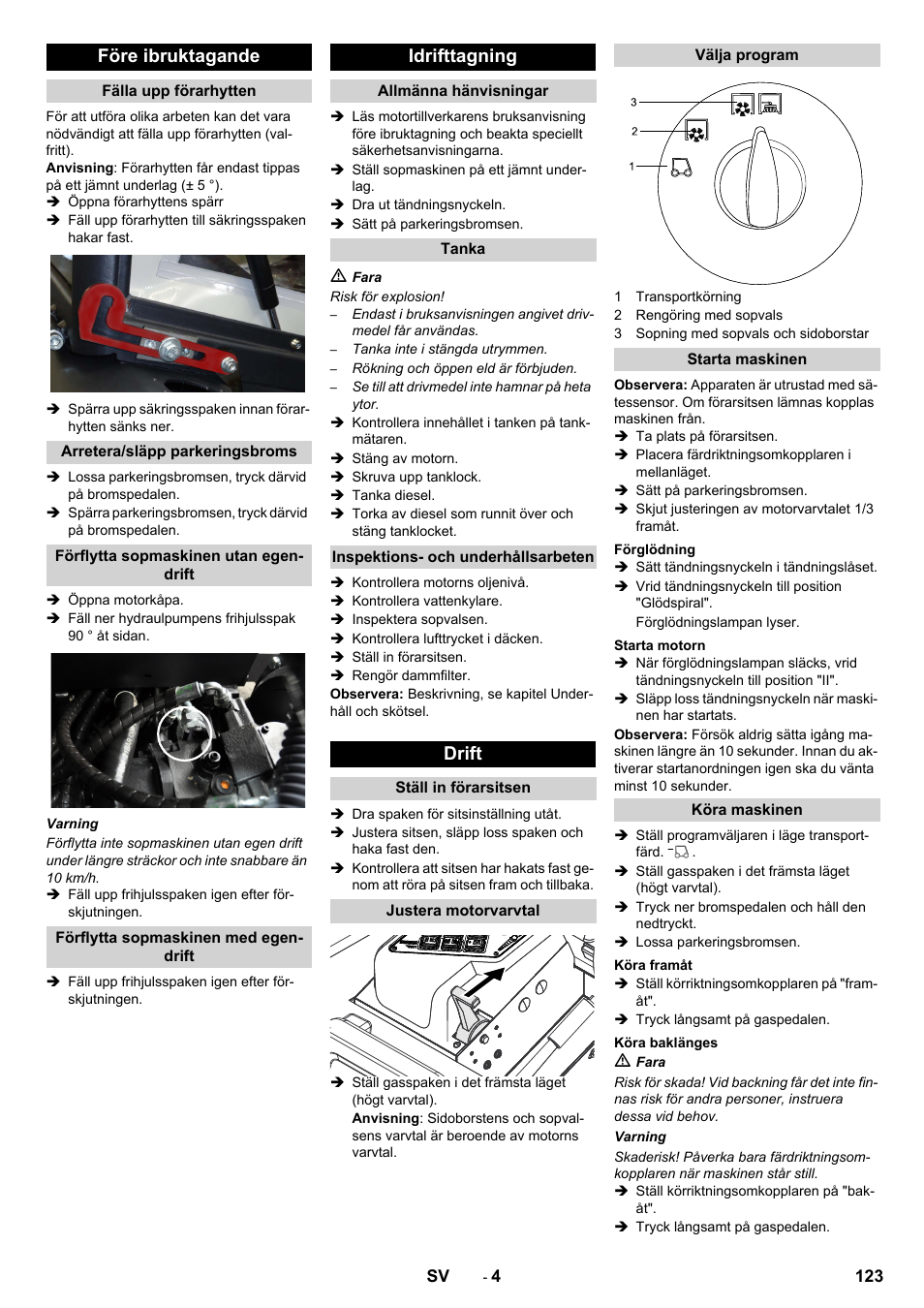 Före ibruktagande, Idrifttagning, Drift | Karcher KM 130-300 D User Manual | Page 123 / 392