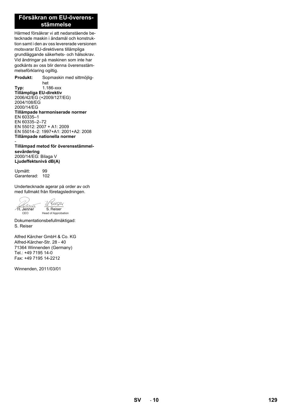 Försäkran om eu-överens- stämmelse | Karcher KM 130-300 D User Manual | Page 129 / 392