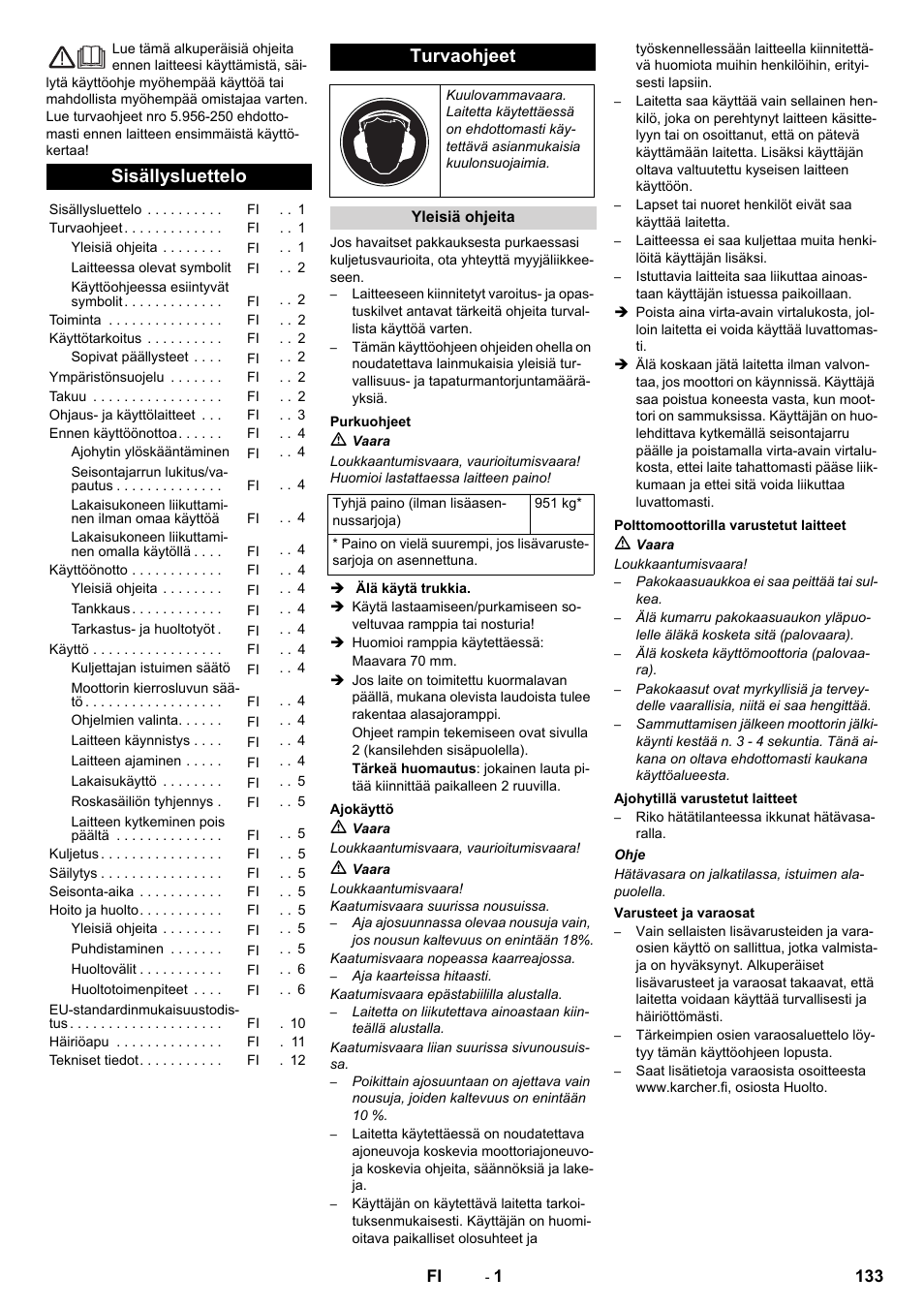 Fi suomi, Sisällysluettelo, Turvaohjeet | Karcher KM 130-300 D User Manual | Page 133 / 392