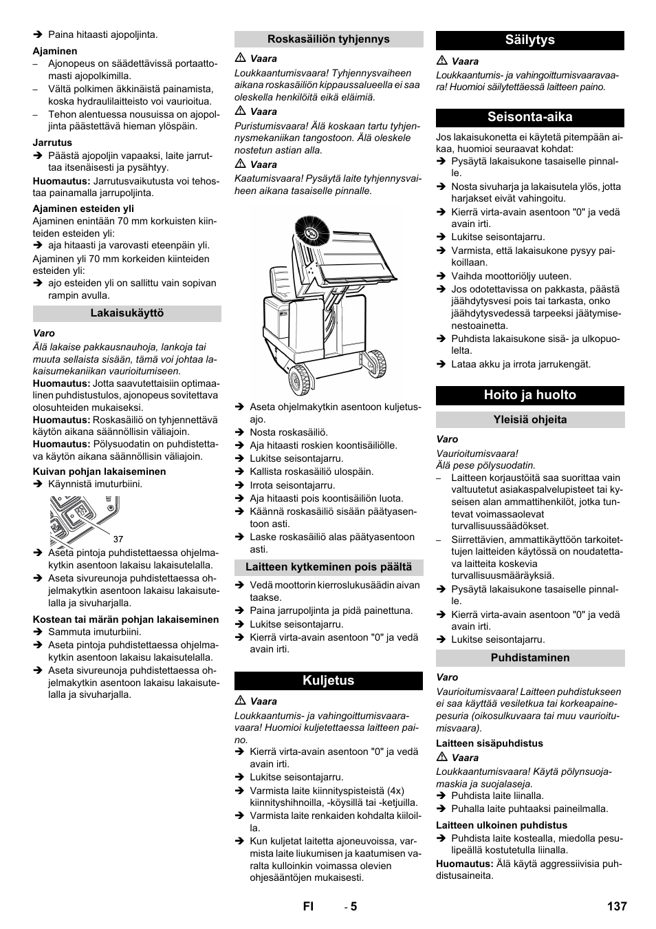 Kuljetus säilytys seisonta-aika hoito ja huolto | Karcher KM 130-300 D User Manual | Page 137 / 392