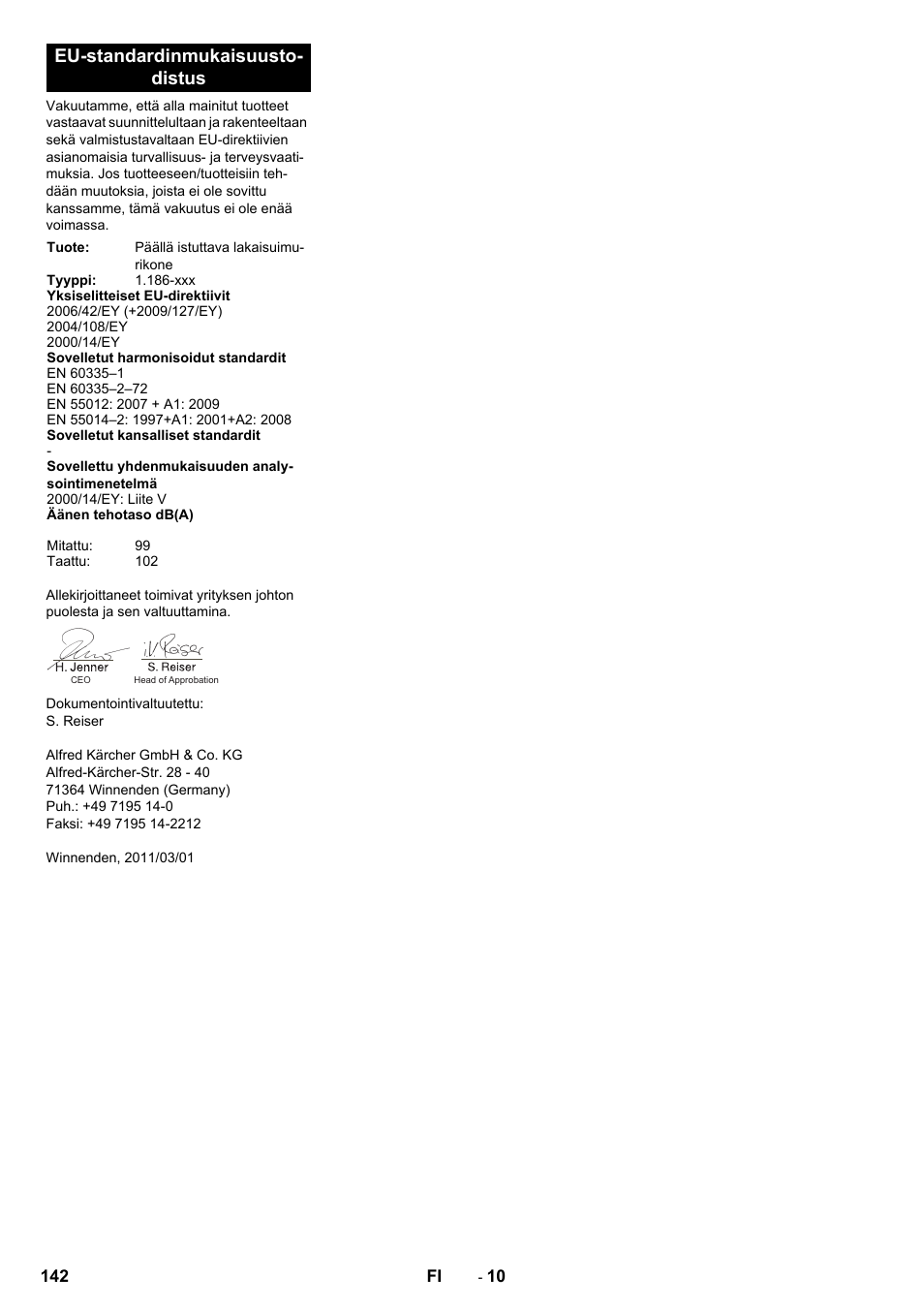 Eu-standardinmukaisuusto- distus | Karcher KM 130-300 D User Manual | Page 142 / 392