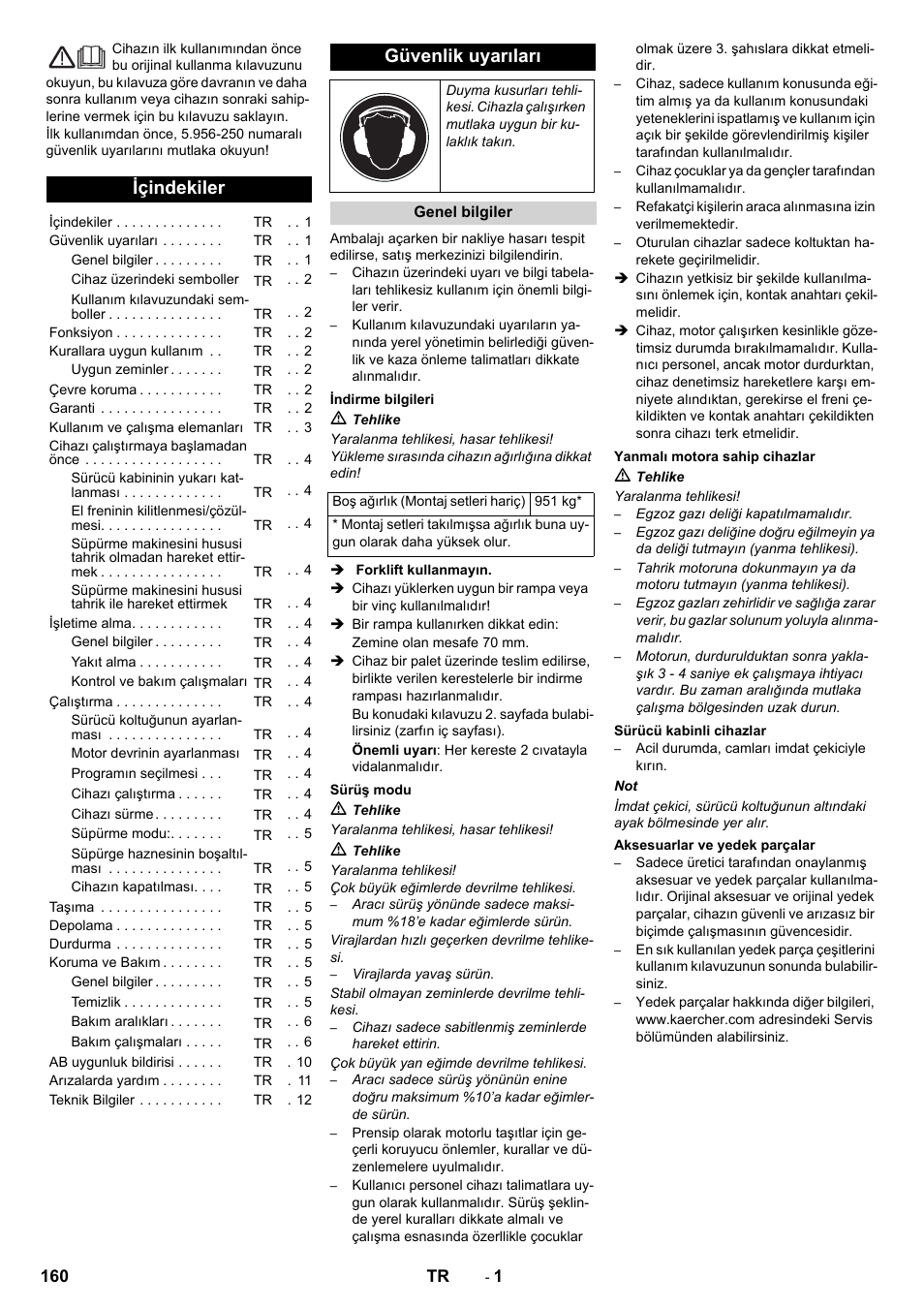 Tr türkçe, Içindekiler, Güvenlik uyarıları | Karcher KM 130-300 D User Manual | Page 160 / 392