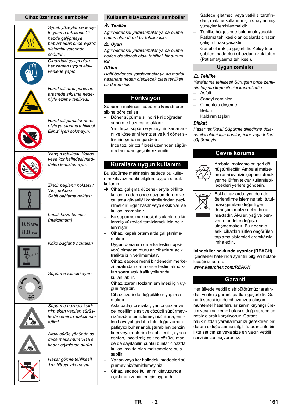 Fonksiyon kurallara uygun kullanım, Çevre koruma, Garanti | Karcher KM 130-300 D User Manual | Page 161 / 392